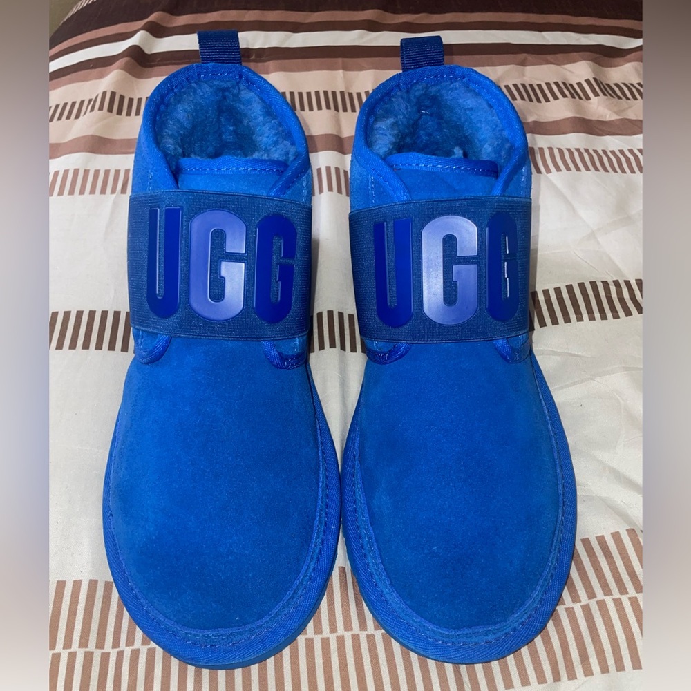 UGG Neumel II Graphic Spell Out Blue Suede Ankle Boots